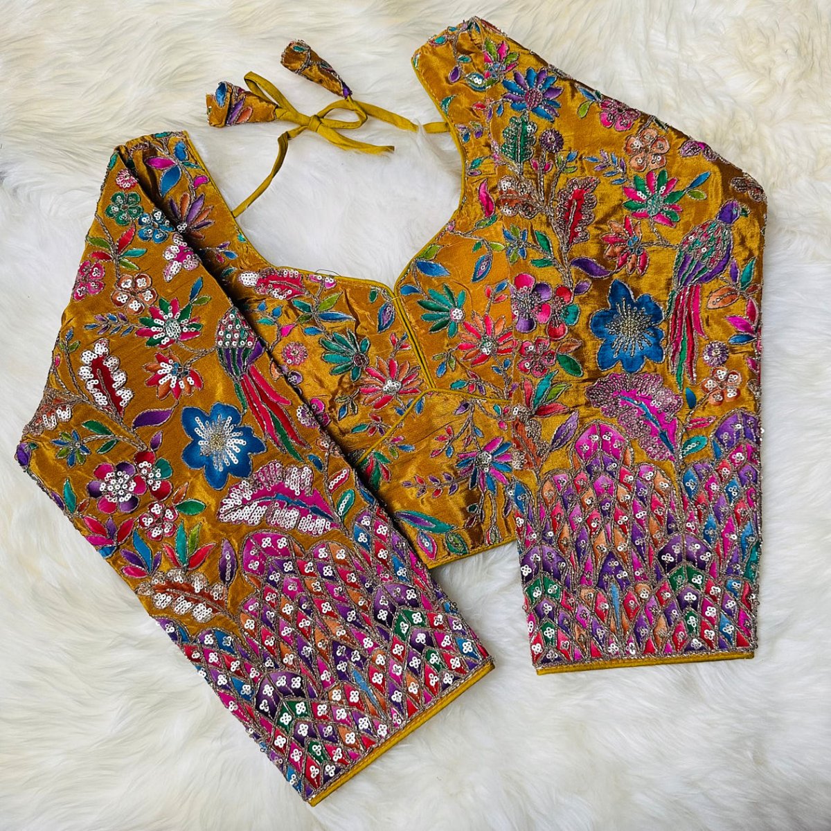 Majestic Golden Yellow Pure Crepe Blouse with Multicolour Appliqué & Sequins – Full Sleeves, Luxury Party Wear - swadeshsouq.com