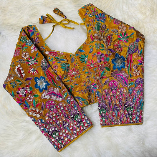 Majestic Golden Yellow Pure Crepe Blouse with Multicolour Appliqué & Sequins – Full Sleeves, Luxury Party Wear - swadeshsouq.com