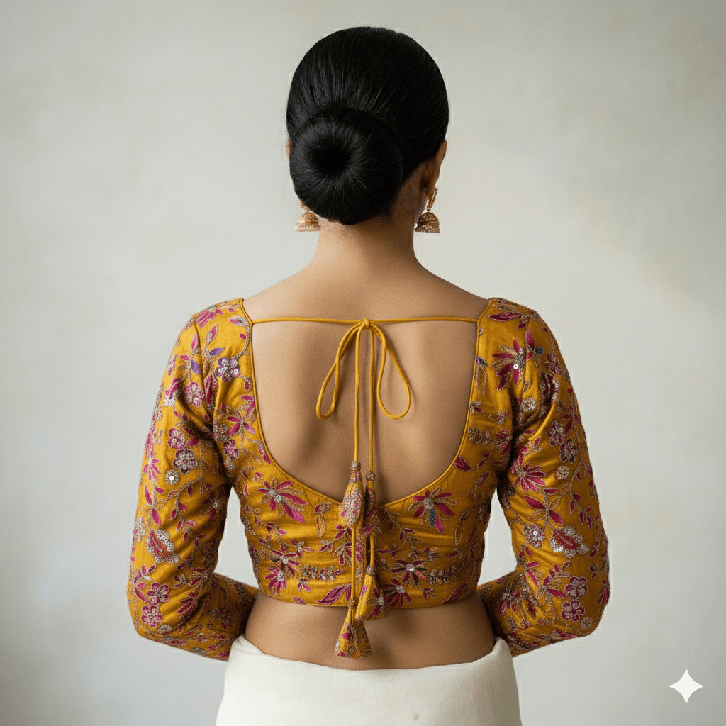 Majestic Golden Yellow Pure Crepe Blouse with Multicolour Appliqué & Sequins – Full Sleeves, Luxury Party Wear - swadeshsouq.com