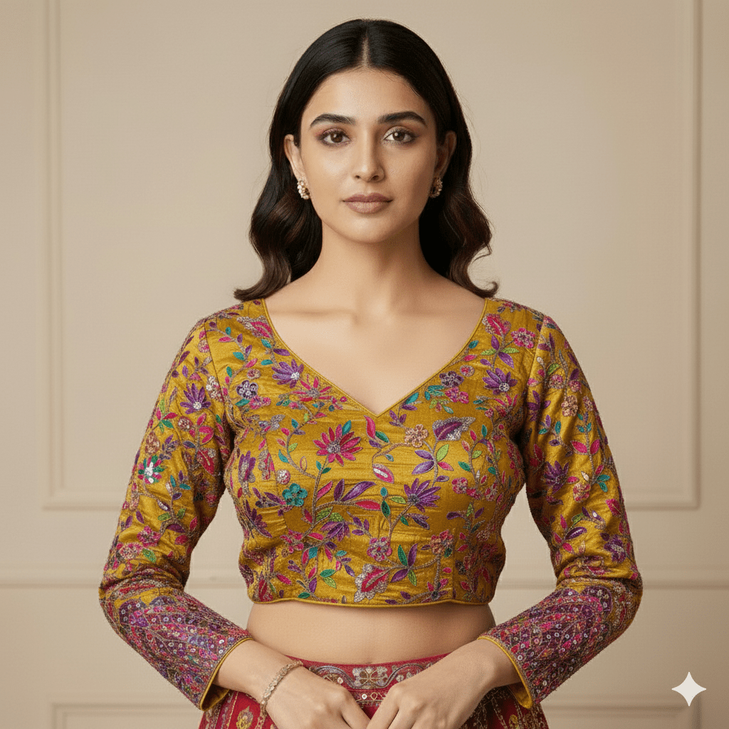 Majestic Golden Yellow Pure Crepe Blouse with Multicolour Appliqué & Sequins – Full Sleeves, Luxury Party Wear - swadeshsouq.com