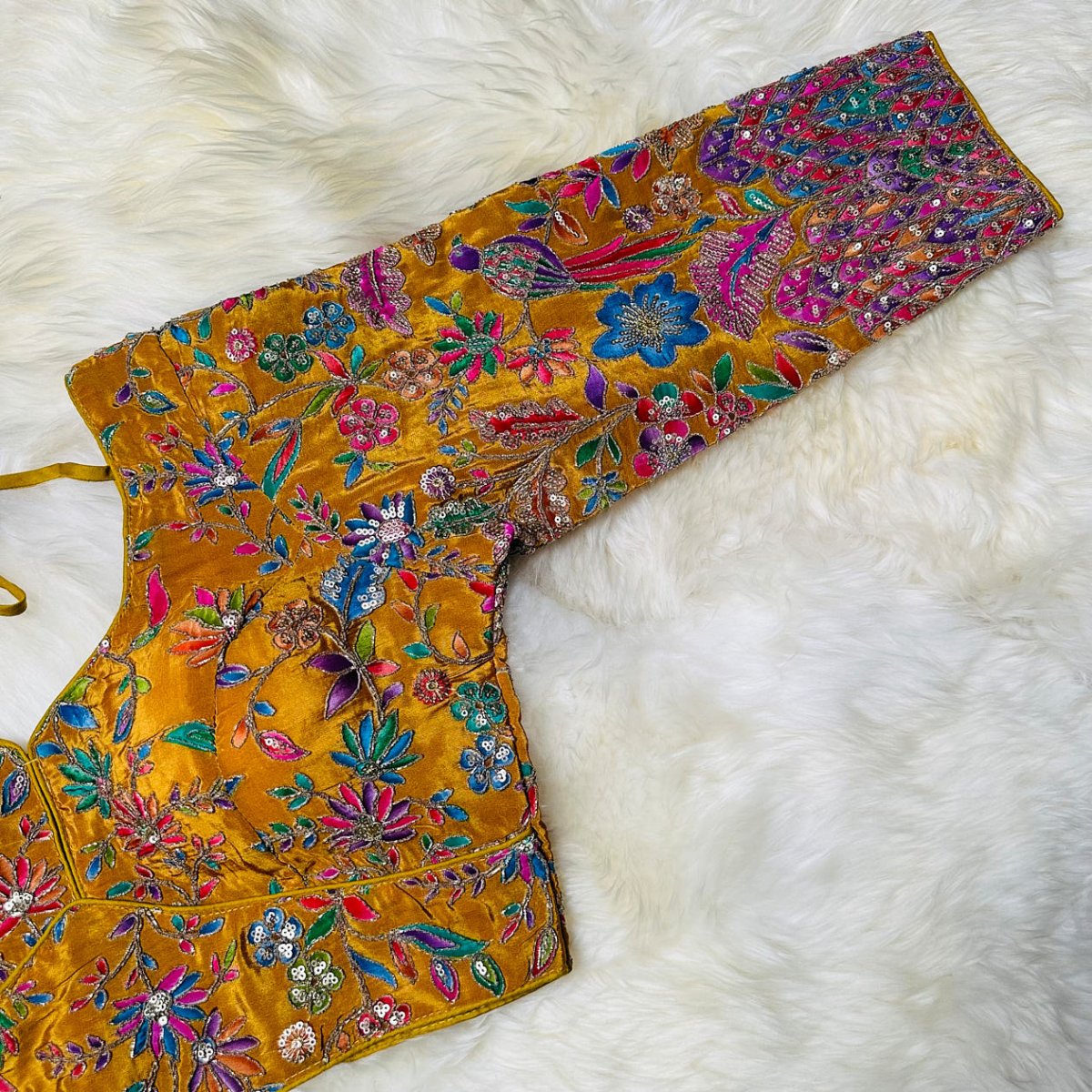 Majestic Golden Yellow Pure Crepe Blouse with Multicolour Appliqué & Sequins – Full Sleeves, Luxury Party Wear - swadeshsouq.com