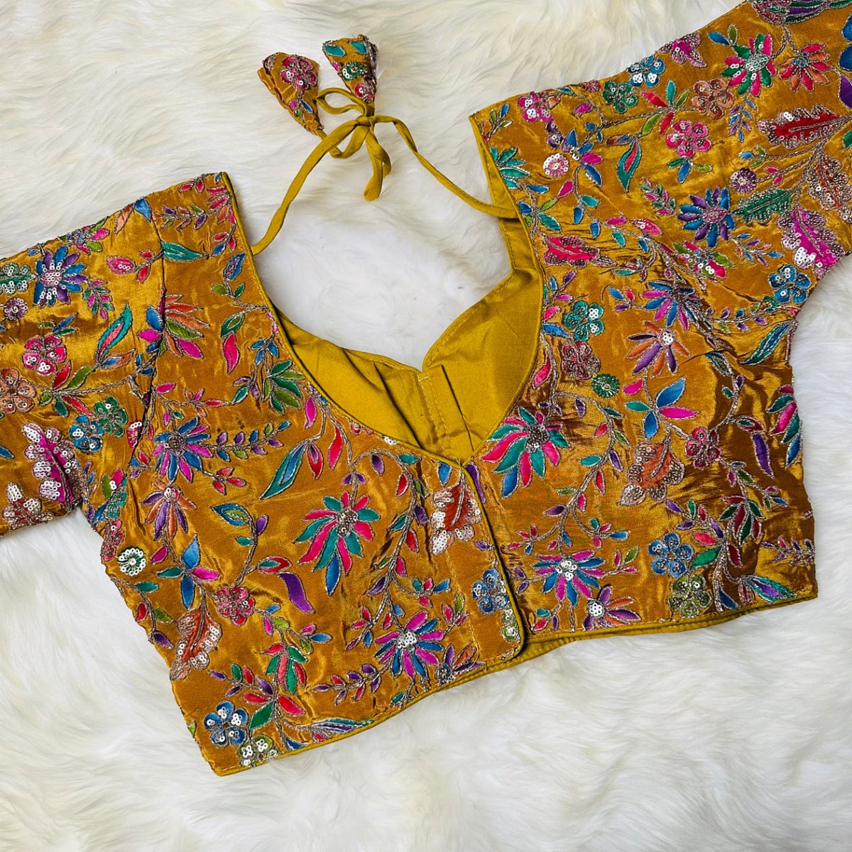 Majestic Golden Yellow Pure Crepe Blouse with Multicolour Appliqué & Sequins – Full Sleeves, Luxury Party Wear - swadeshsouq.com