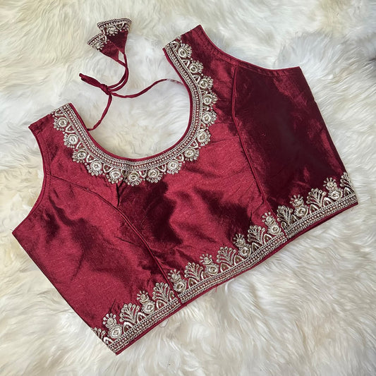 Majestic Maroon Silk Blouse with Graceful Embroidery – Fits 32 to 38 - swadeshsouq.com