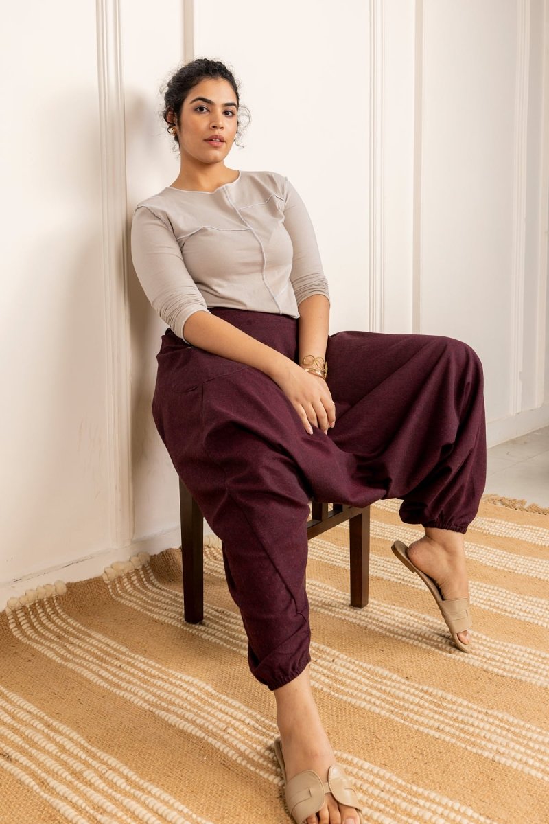 Maroon Cotton Harem Pants – Stylish and Comfortable Lounge Wear for Everyday Use - swadeshsouq.com