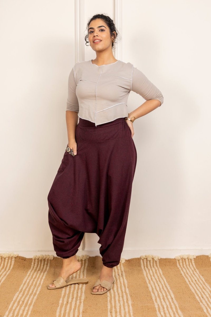 Maroon Cotton Harem Pants – Stylish and Comfortable Lounge Wear for Everyday Use - swadeshsouq.com