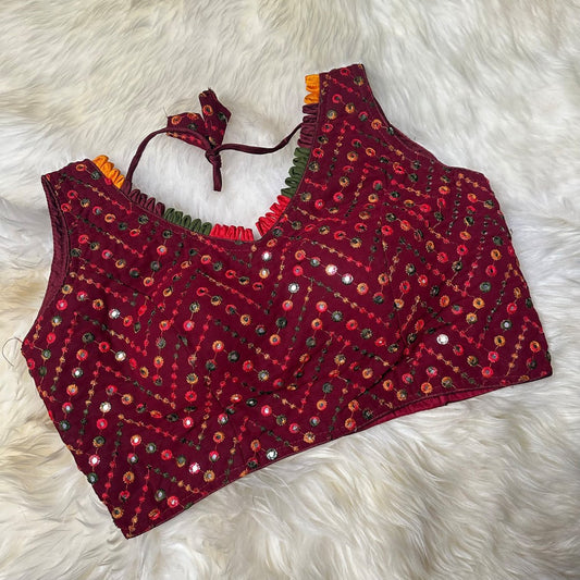 Maroon Georgette Blouse with Multicolour Mirror Work (Size 32–36) - swadeshsouq.com