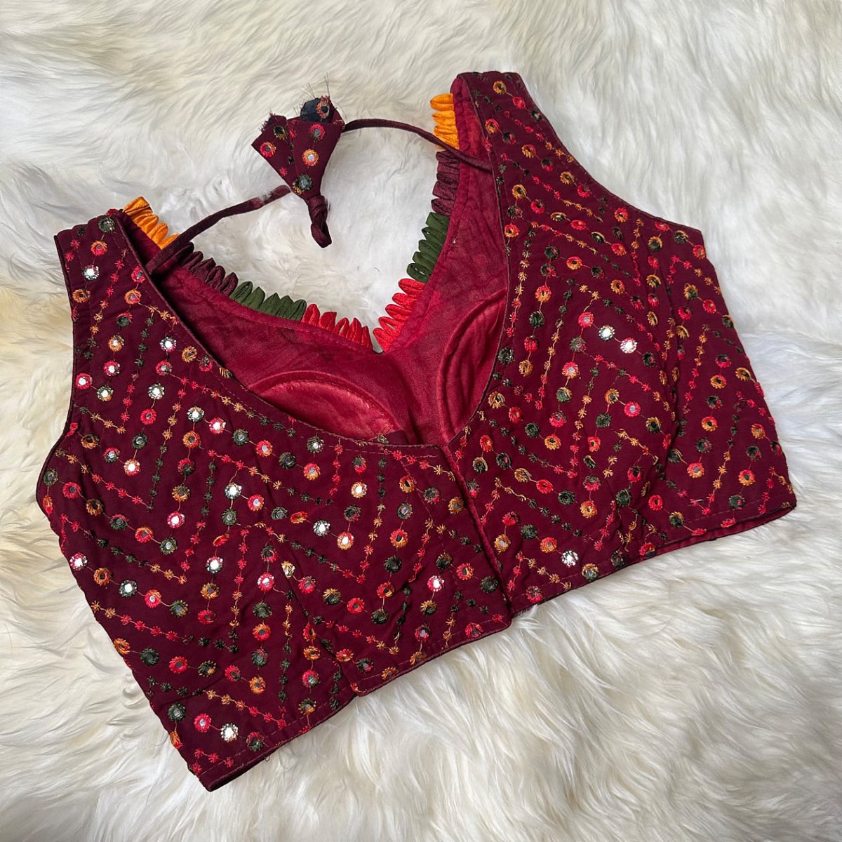 Maroon Georgette Blouse with Multicolour Mirror Work (Size 32–36) - swadeshsouq.com