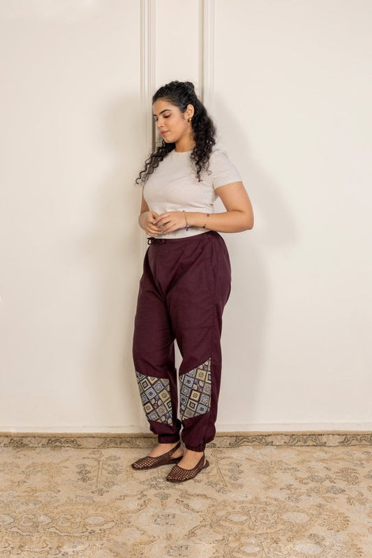 Maroon Pure Cotton Pants with Patchwork Detailing – Free Size, Regular Fit Lounge Wear - swadeshsouq.com