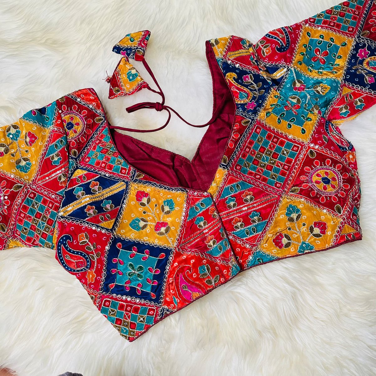Maroon Pure Crepe Blouse with Multi - Coloured Position Print & Appliqué Work (Size 32–40) - swadeshsouq.com