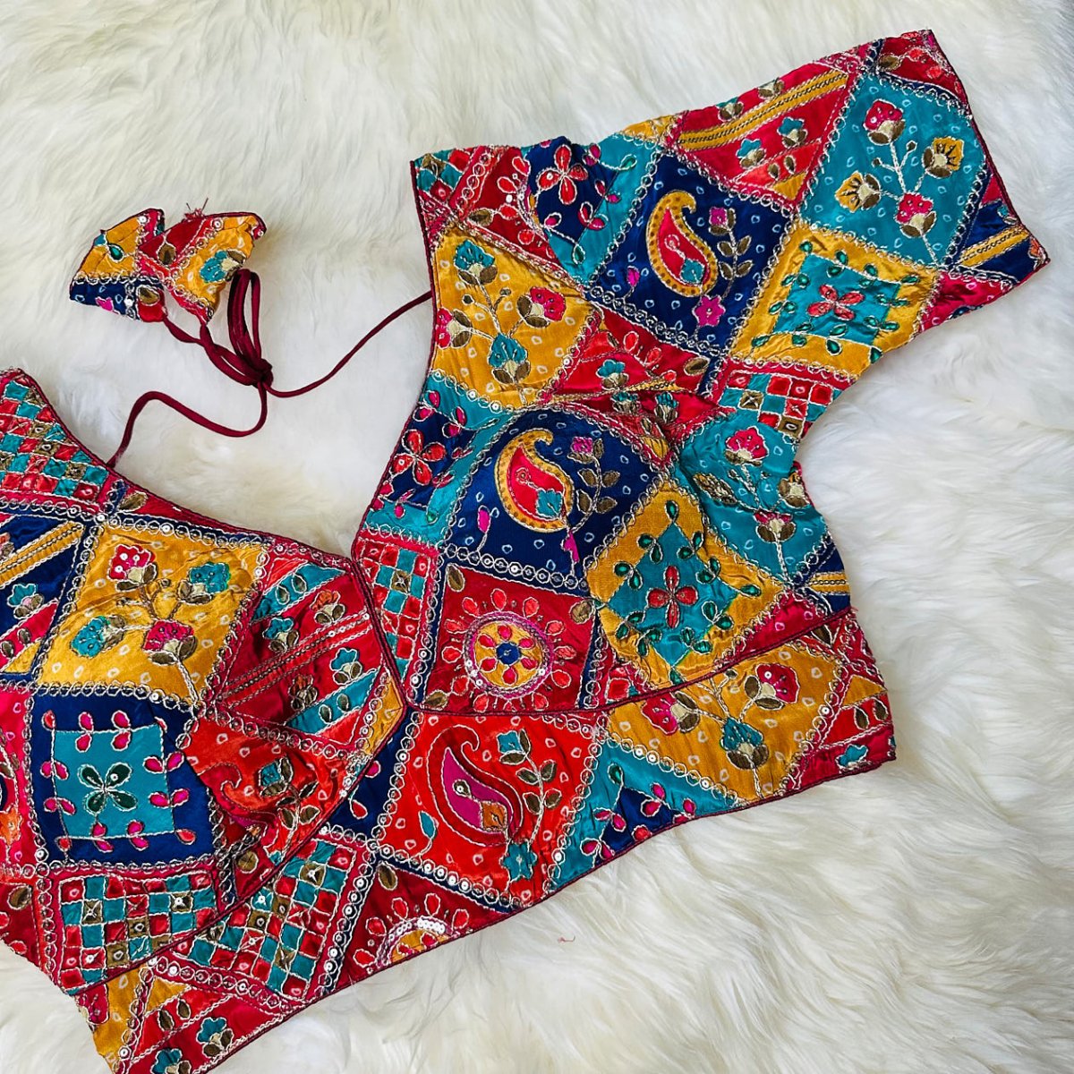 Maroon Pure Crepe Blouse with Multi - Coloured Position Print & Appliqué Work (Size 32–40) - swadeshsouq.com