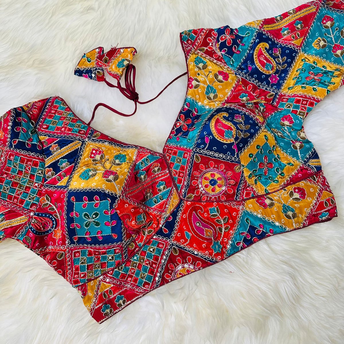 Maroon Pure Crepe Blouse with Multi - Coloured Position Print & Appliqué Work (Size 32–40) - swadeshsouq.com