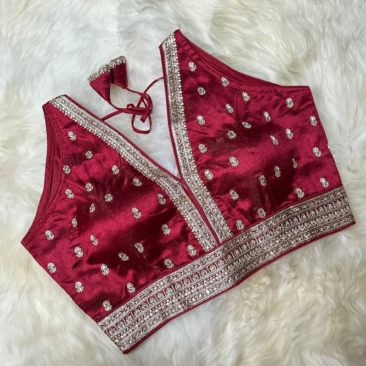 Maroon Silk Blouse with Elegant Embroidery & Stone Embellishments – Adjustable Fit (32 to 36) - swadeshsouq.com