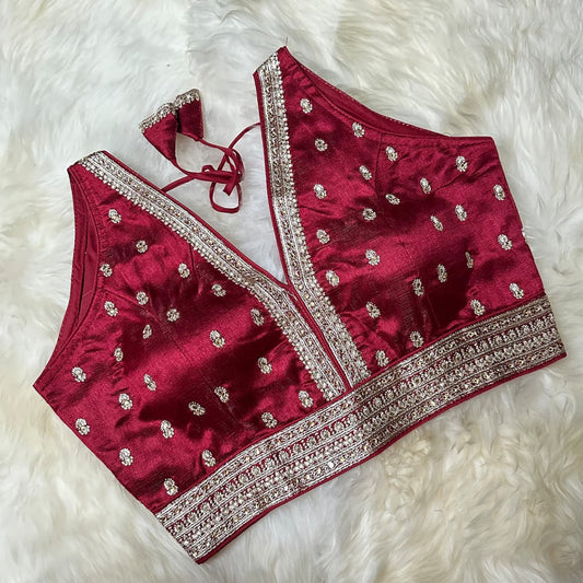 Maroon Silk Blouse with Elegant Embroidery & Stone Embellishments – Adjustable Fit (32 to 36) - swadeshsouq.com