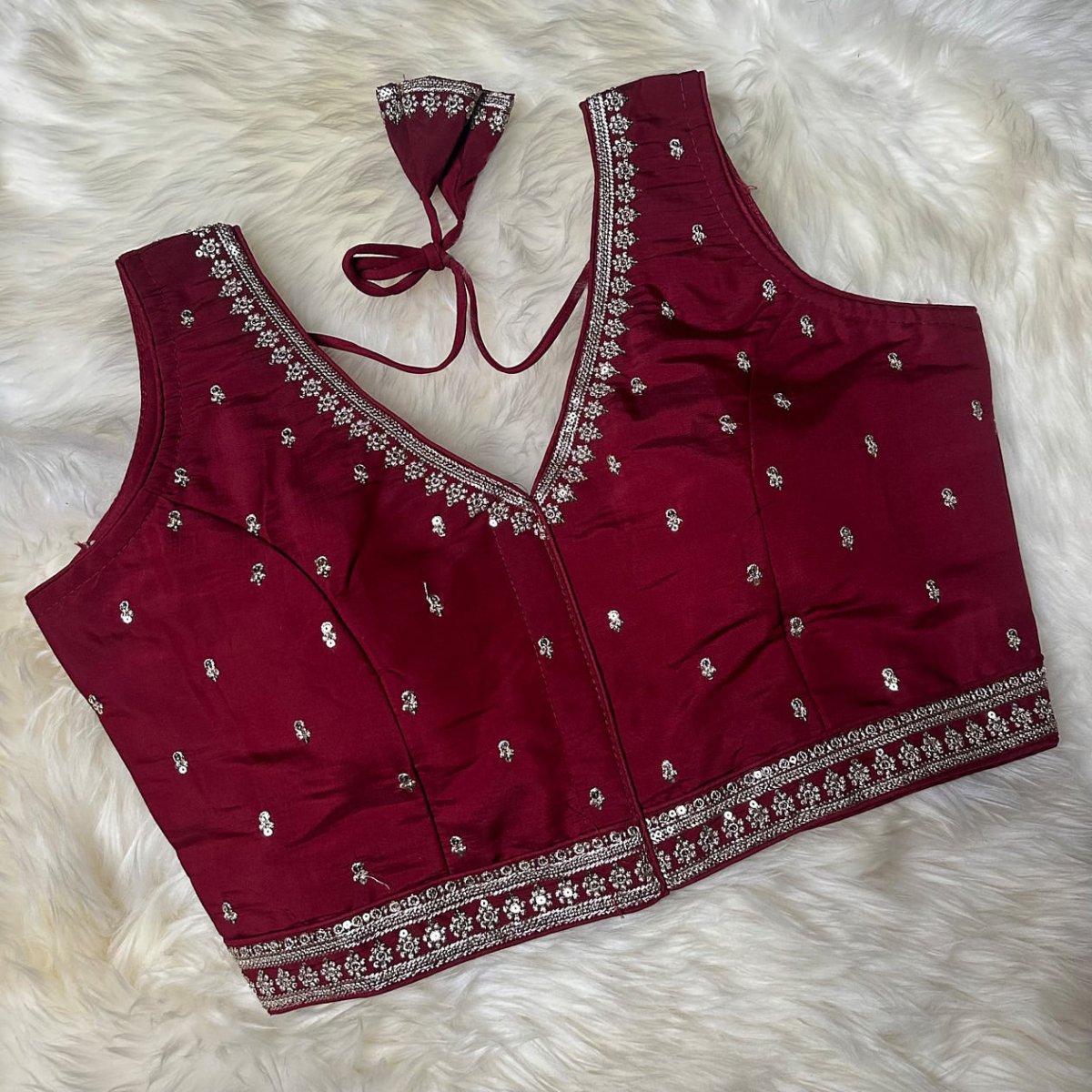 Maroon Silk Blouse with Exquisite Neck & Waist Embroidery and Designer Back (Size 32–40) - swadeshsouq.com