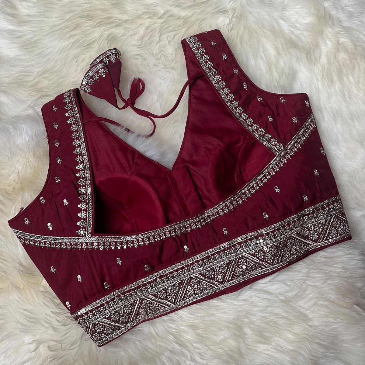 Maroon Silk Blouse with Exquisite Neck & Waist Embroidery and Designer Back (Size 32–40) - swadeshsouq.com