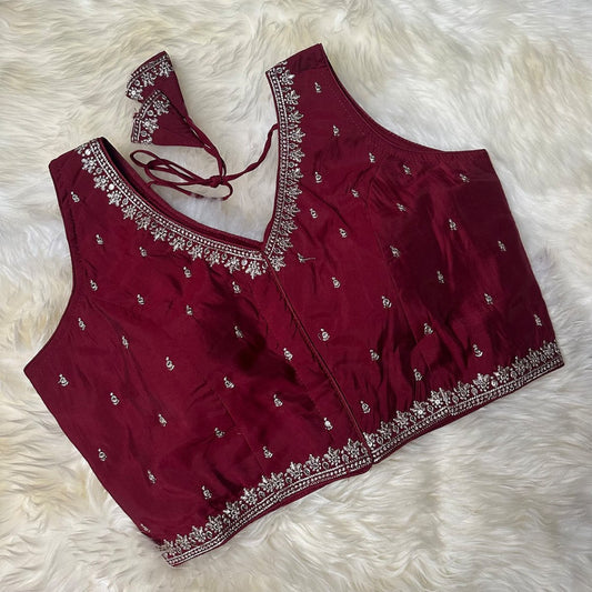 Maroon Silk Blouse with Sequins Embellishments, Triangle Back Neck & Waist Detailing (Size 32–40) - swadeshsouq.com