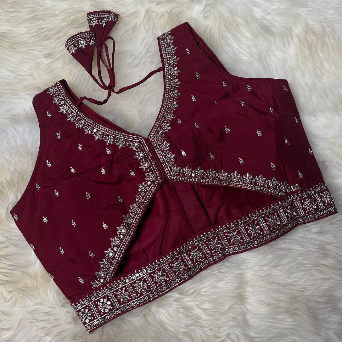 Maroon Silk Blouse with Sequins Embellishments, Triangle Back Neck & Waist Detailing (Size 32–40) - swadeshsouq.com