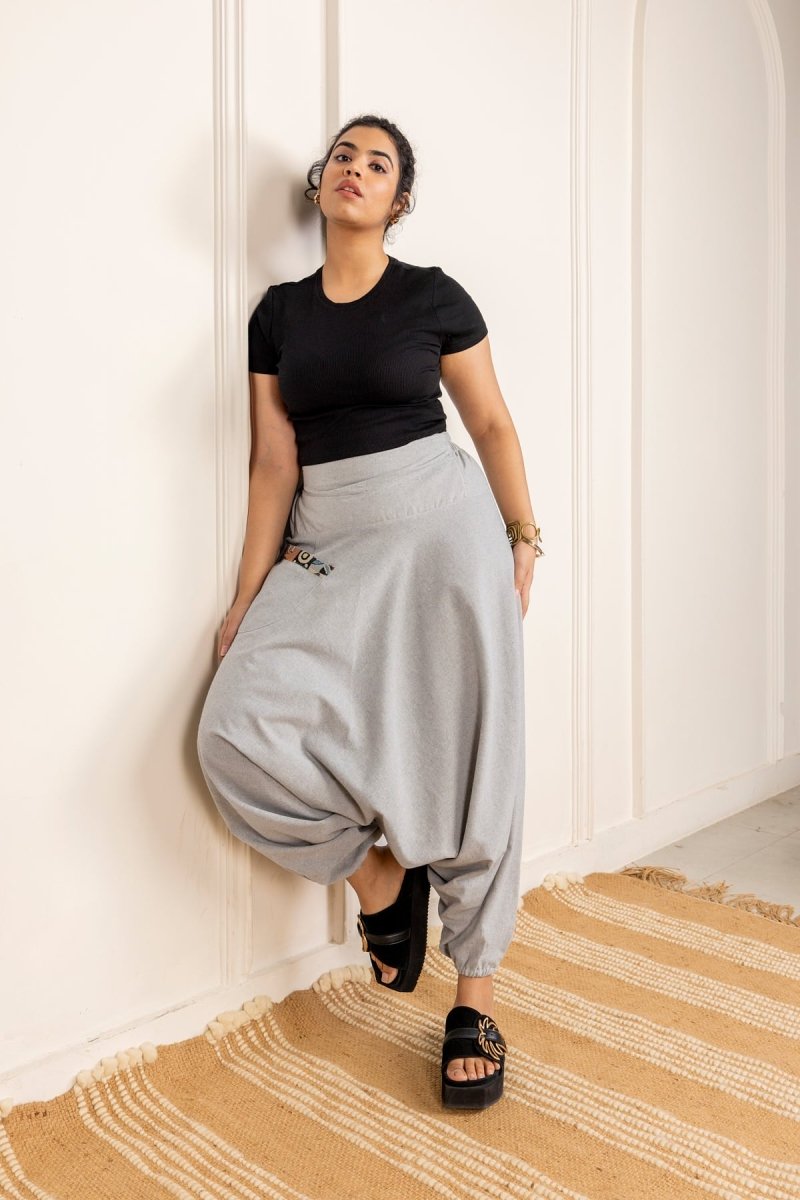 Melange Grey Cotton Harem Pants – Stylish, Comfortable, and Versatile Lounge Wear - swadeshsouq.com