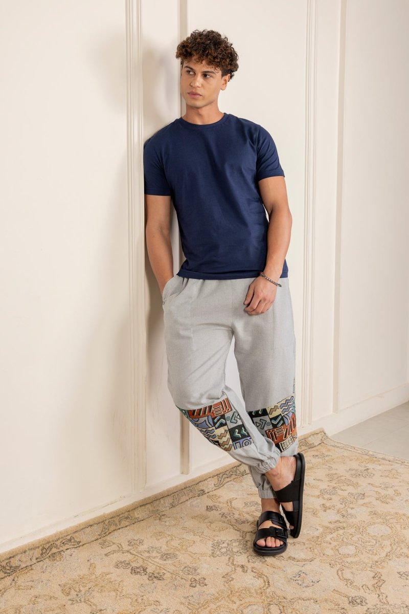 Melange Grey Cotton Pants with Patchwork for Men – Soft, Breathable Lounge Wear | Regular Fit | Artistic Bottom Detailing - swadeshsouq.com