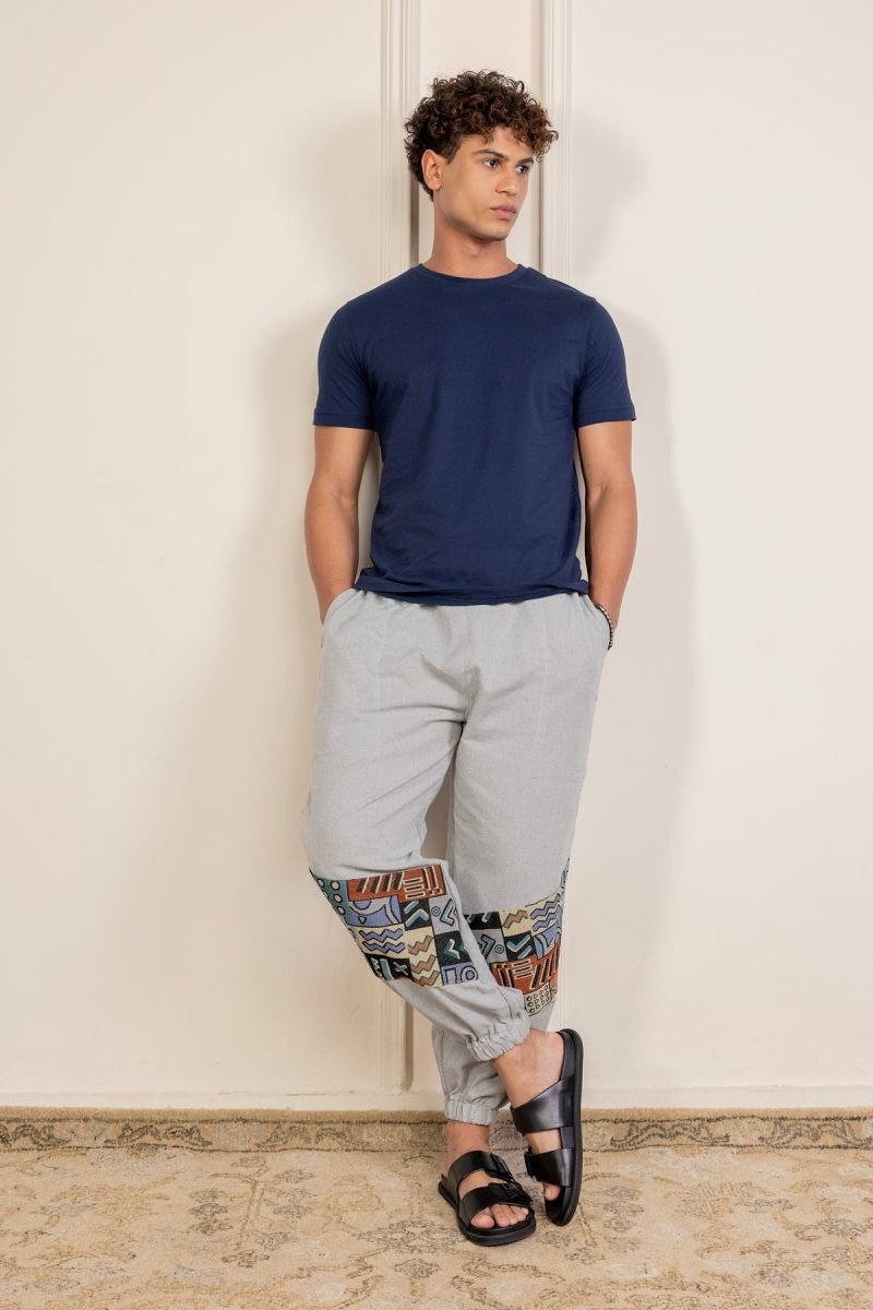 Melange Grey Cotton Pants with Patchwork for Men – Soft, Breathable Lounge Wear | Regular Fit | Artistic Bottom Detailing - swadeshsouq.com
