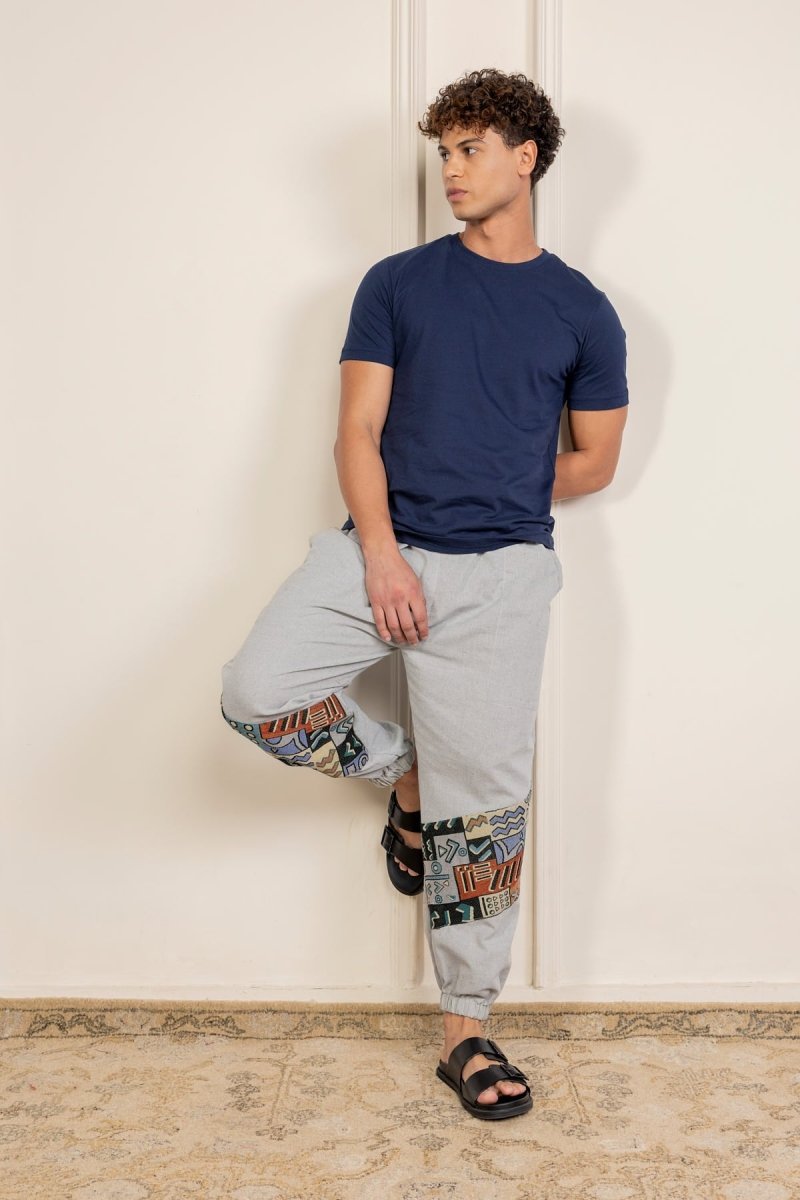 Melange Grey Cotton Pants with Patchwork for Men – Soft, Breathable Lounge Wear | Regular Fit | Artistic Bottom Detailing - swadeshsouq.com