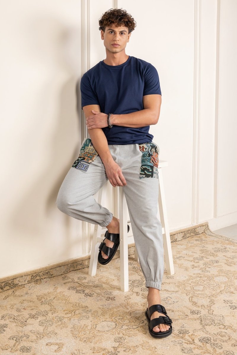 Melange Grey Cotton Patchwork Pyjama for Men – Soft, Breathable Lounge Wear | Regular Fit | Everyday Comfort - swadeshsouq.com