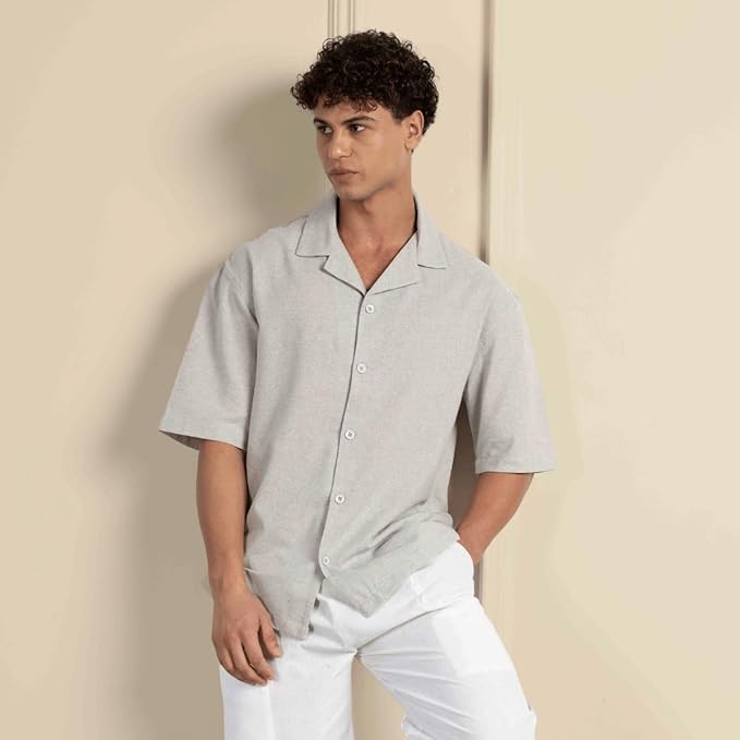 Melange Grey Men’s Half Sleeve | Casual | Box Fit | Cuban Collar Shirt - swadeshsouq.com
