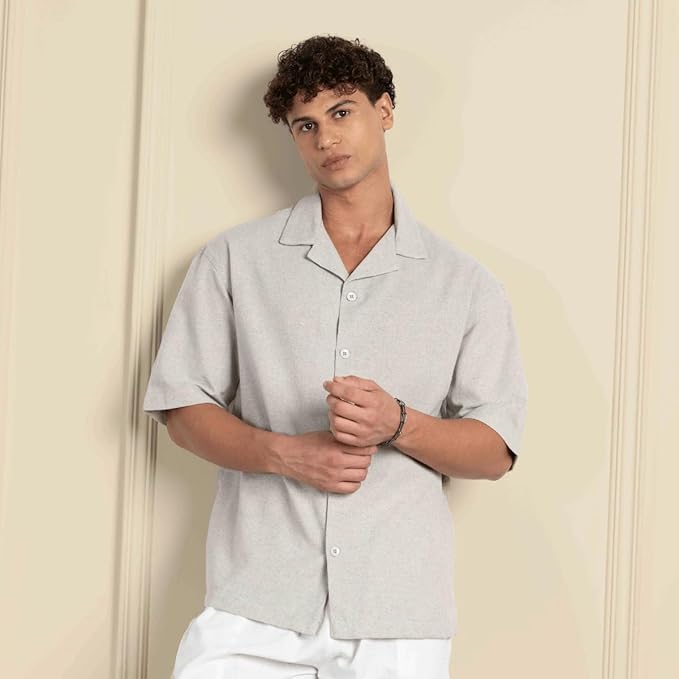 Melange Grey Men’s Half Sleeve | Casual | Box Fit | Cuban Collar Shirt - swadeshsouq.com