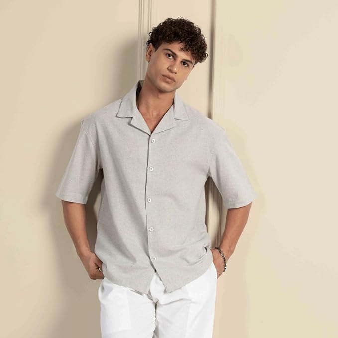 Melange Grey Men’s Half Sleeve | Casual | Box Fit | Cuban Collar Shirt - swadeshsouq.com