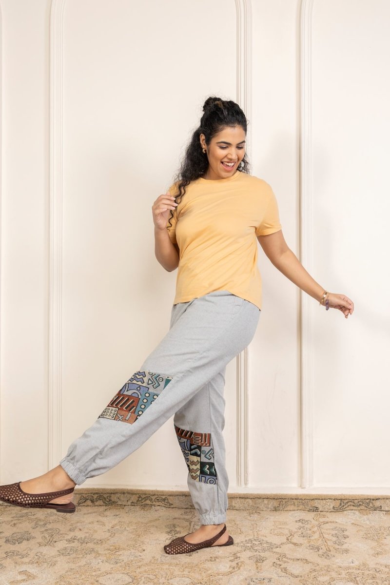 Melange Grey Pure Cotton Pants with Patchwork Detailing – Free Size, Regular Fit Lounge Wear - swadeshsouq.com