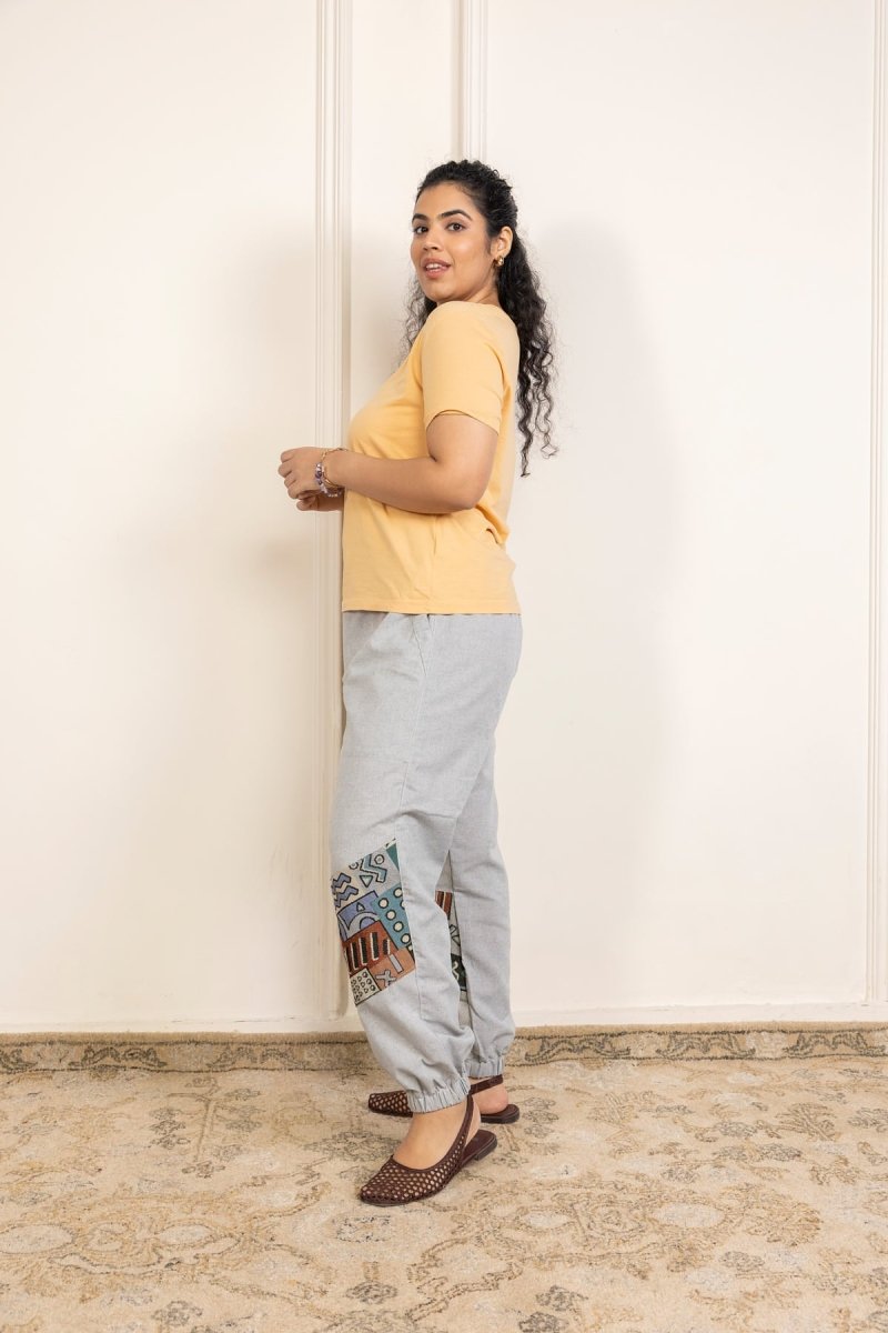 Melange Grey Pure Cotton Pants with Patchwork Detailing – Free Size, Regular Fit Lounge Wear - swadeshsouq.com