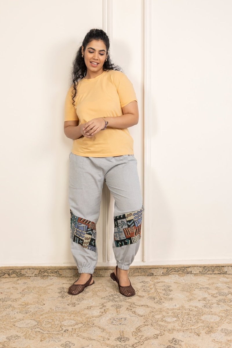 Melange Grey Pure Cotton Pants with Patchwork Detailing – Free Size, Regular Fit Lounge Wear - swadeshsouq.com