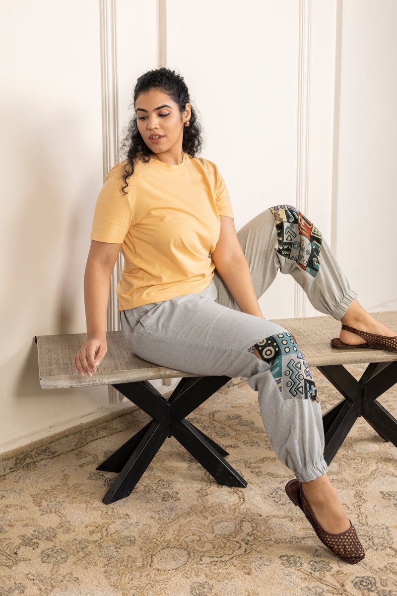 Melange Grey Pure Cotton Pants with Patchwork Detailing – Free Size, Regular Fit Lounge Wear - swadeshsouq.com