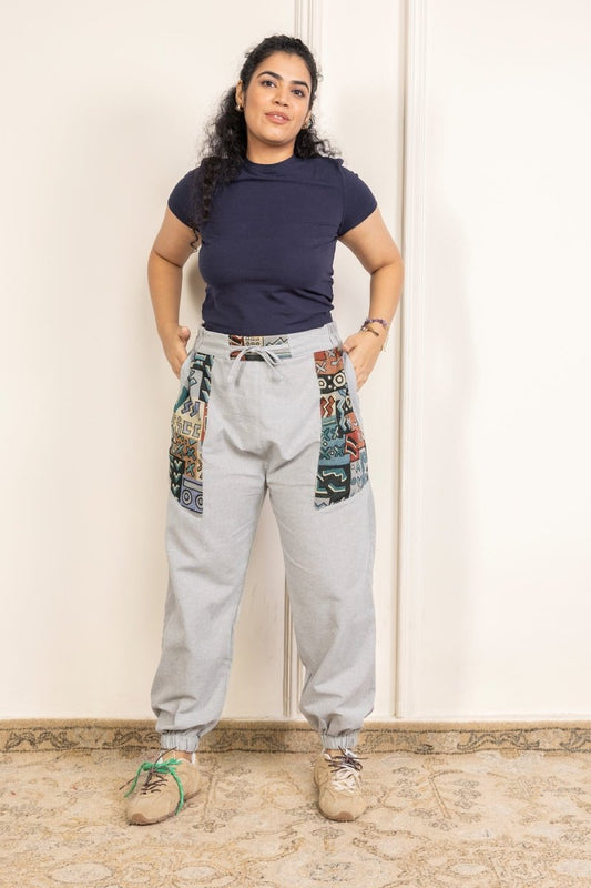 Melange Grey Pure Cotton Pyjamas with Beautiful Patchwork – Free Size, Regular Fit Lounge Wear - swadeshsouq.com