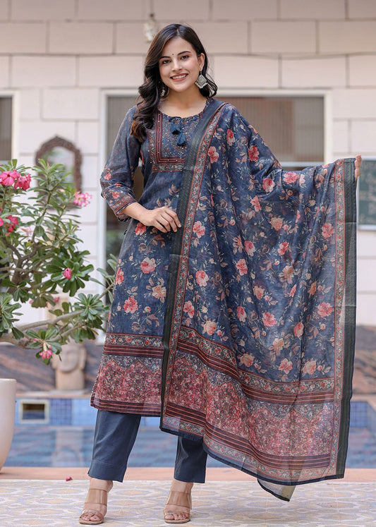 Midnight Blossom Chanderi Kurta Pant Set with Dupatta - swadeshsouq.com