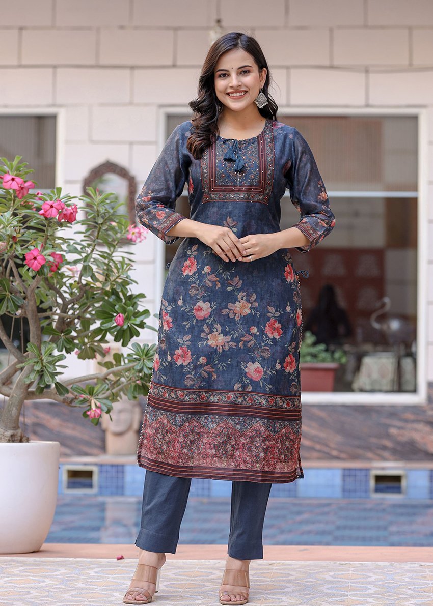 Midnight Blossom Chanderi Kurta Pant Set with Dupatta - swadeshsouq.com