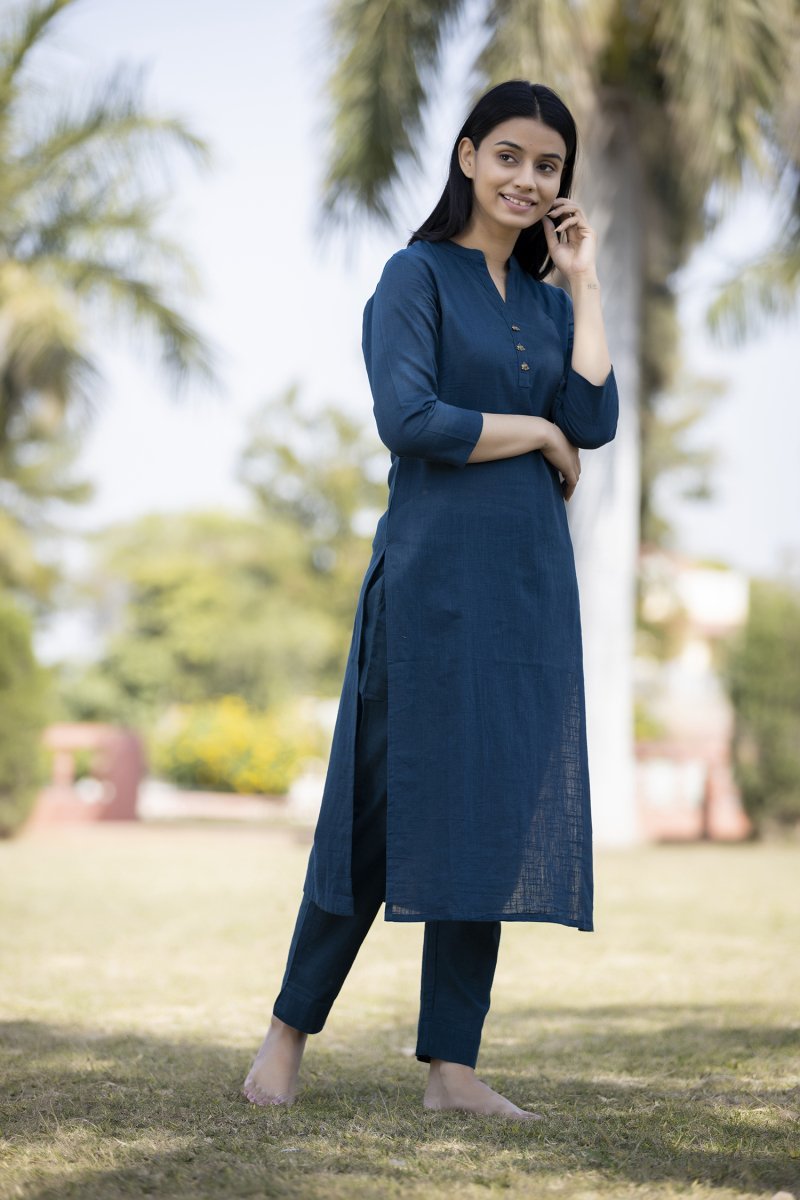 Midnight Calm Navy Blue Solid Cotton Casual Kurta - swadeshsouq.com