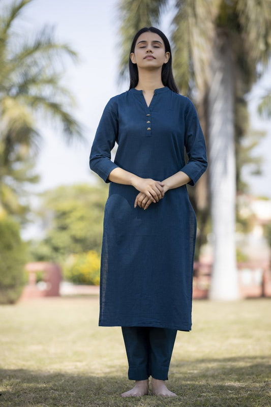 Midnight Calm Navy Blue Solid Cotton Casual Kurta - swadeshsouq.com