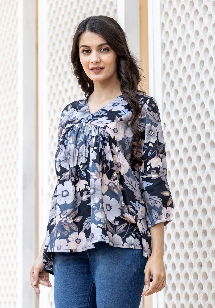 Midnight Garden Black Floral Butter Cotton Top - swadeshsouq.com