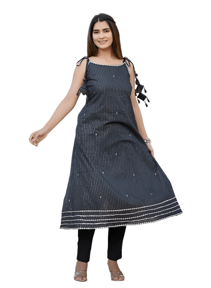 Midnight Sparkle Black Lurex Sleeveless Cotton Kurta Pant Set with Dupatta - swadeshsouq.com
