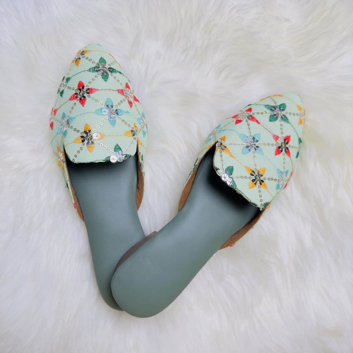 Mint Green Jaipuri Embroidered Sandals – Handcrafted Elegance - swadeshsouq.com