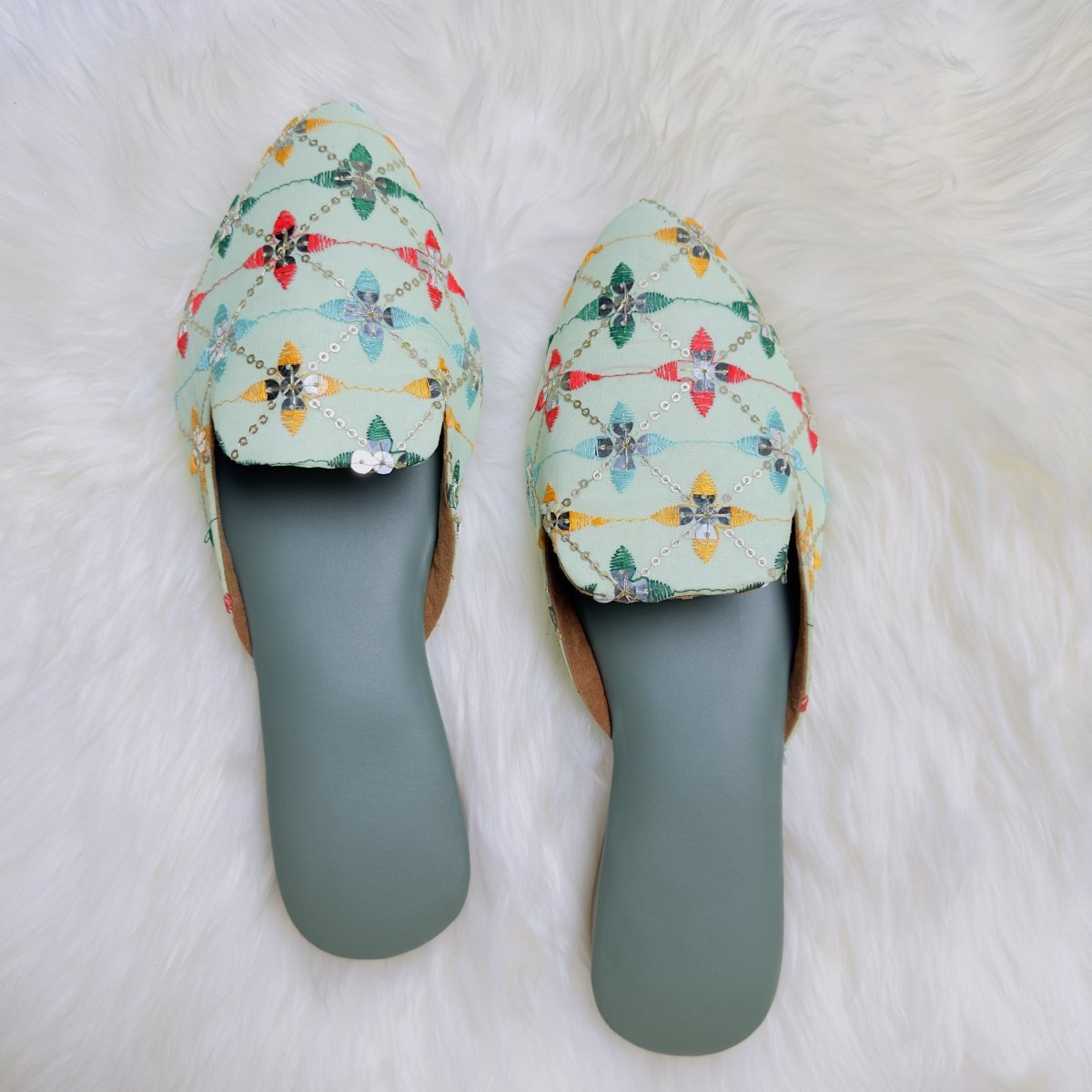 Mint Green Jaipuri Embroidered Sandals – Handcrafted Elegance - swadeshsouq.com