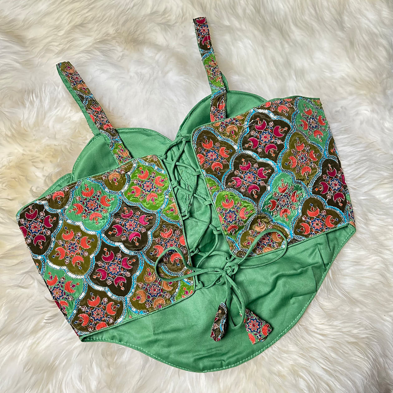Elegant Multi-Colour Sequined Viscose Crepe Blouse with Green Base – Sleeveless, Size 32-40