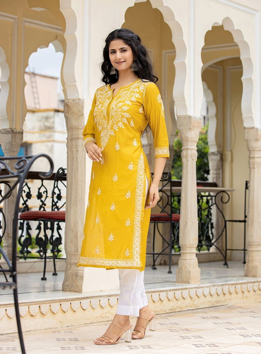 Mustard Lucknowi Chikankari Cotton Kurta Pant Set – Timeless Craftsmanship Meets Modern Style - swadeshsouq.com