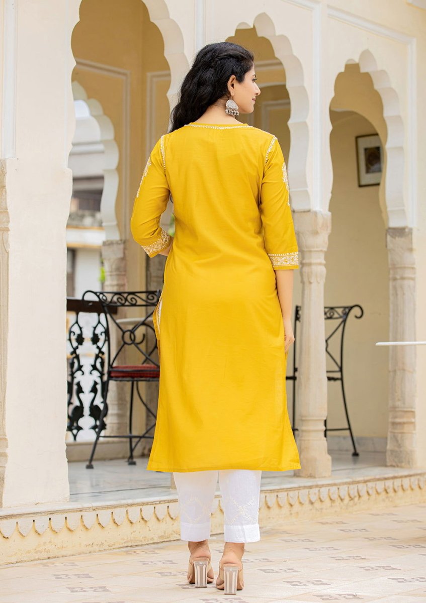 Mustard Lucknowi Chikankari Cotton Kurta Pant Set – Timeless Craftsmanship Meets Modern Style - swadeshsouq.com