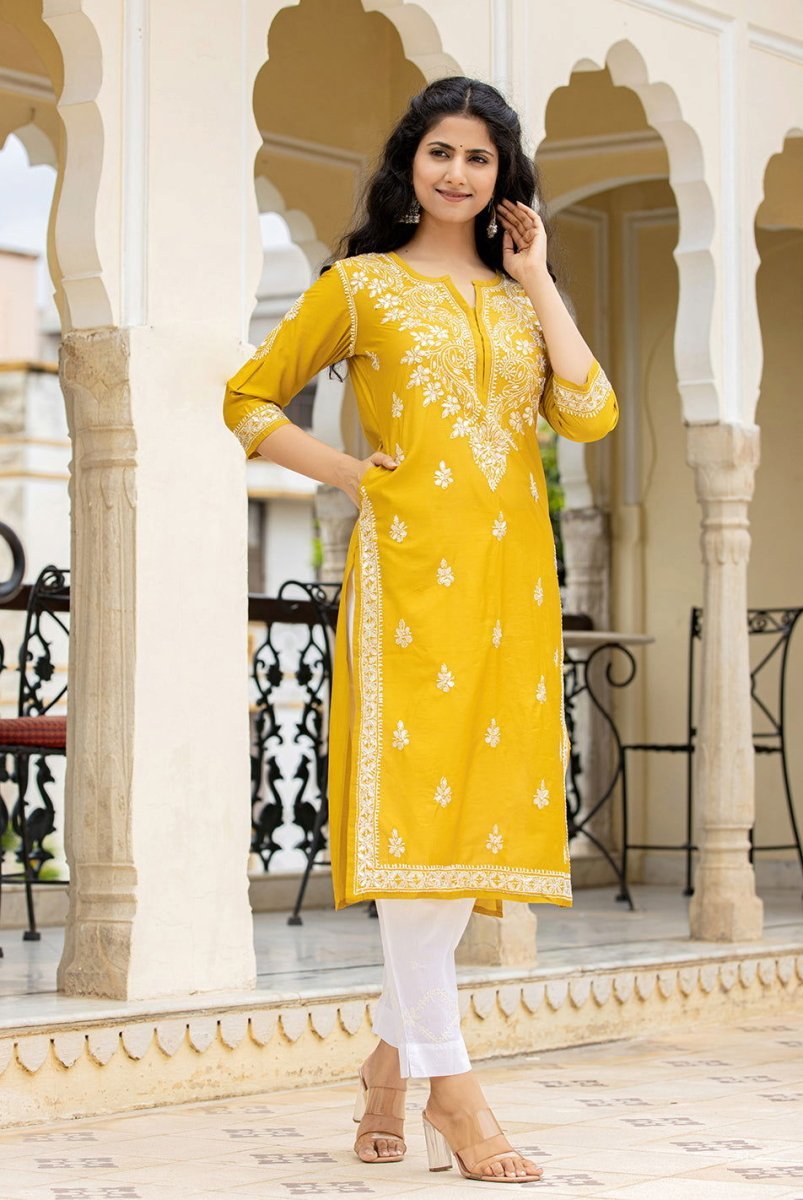 Mustard Lucknowi Chikankari Cotton Kurta Pant Set – Timeless Craftsmanship Meets Modern Style - swadeshsouq.com