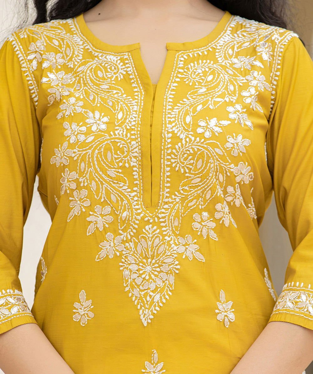 Mustard Lucknowi Chikankari Cotton Kurta Pant Set – Timeless Craftsmanship Meets Modern Style - swadeshsouq.com