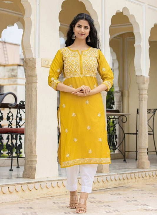 Mustard Lucknowi Chikankari Cotton Kurta Pant Set – Timeless Craftsmanship Meets Modern Style - swadeshsouq.com