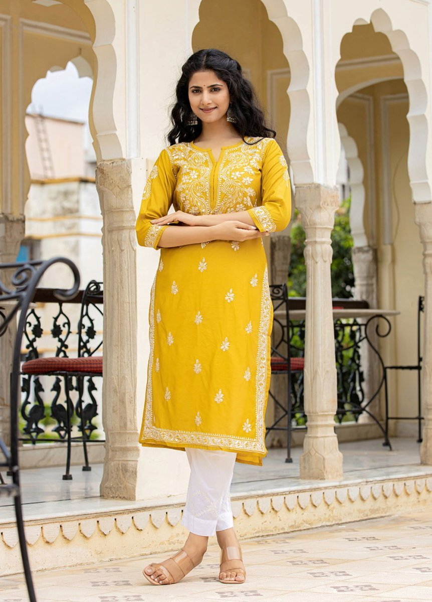 Mustard Lucknowi Chikankari Cotton Kurta Pant Set – Timeless Craftsmanship Meets Modern Style - swadeshsouq.com