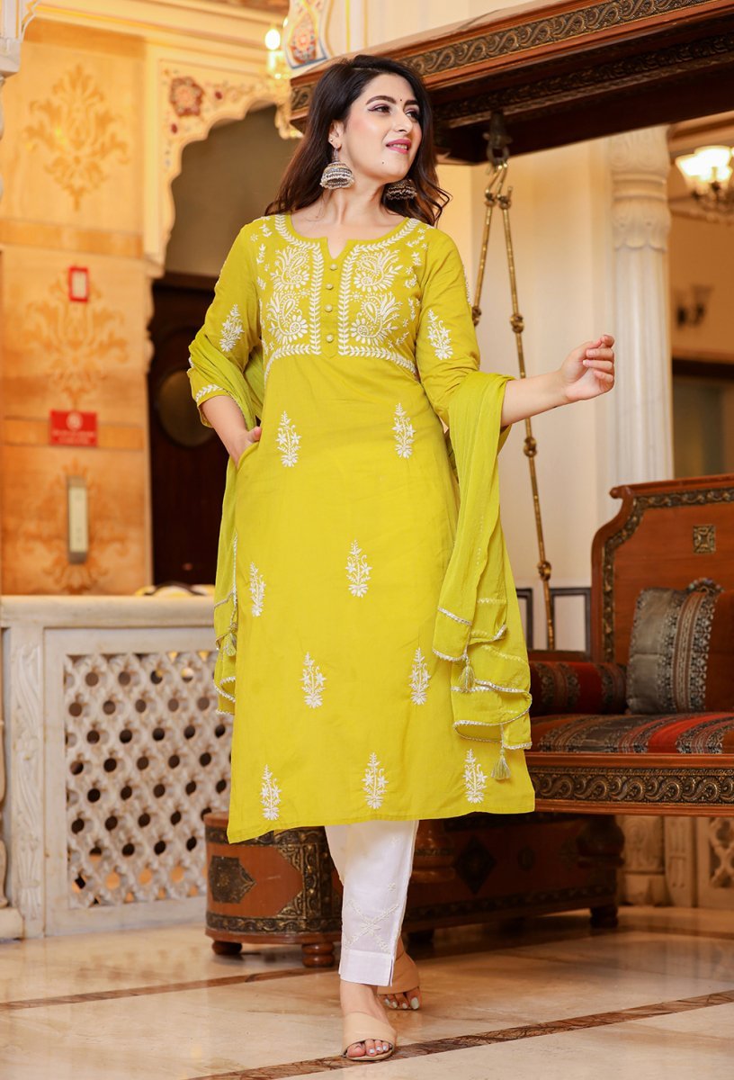 Mustard Lucknowi Chikankari Kurta Pant Set with Dupatta – Timeless Elegance - swadeshsouq.com